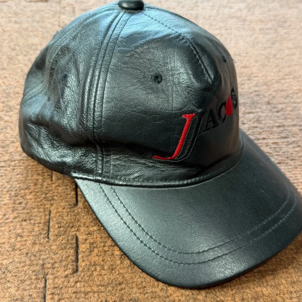AJM International Black Leather Baseball Cap Jacos Embroidered Logo Hat 0850/8M